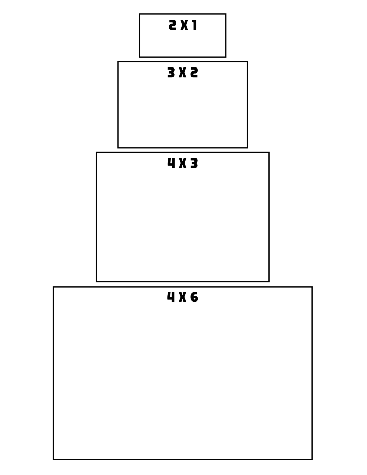 Pyramid of four rectangles with dimensions 1x2, 3x2, 4x3, and 4x6 on a white background.